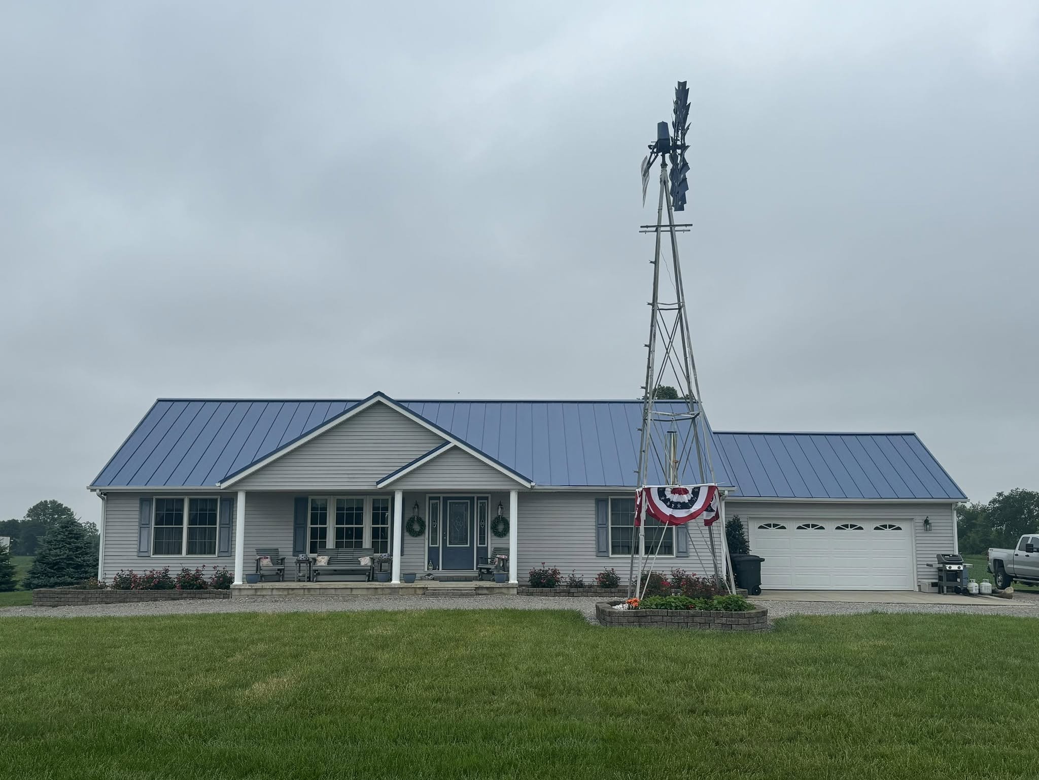 Blue standing-seam metal roof